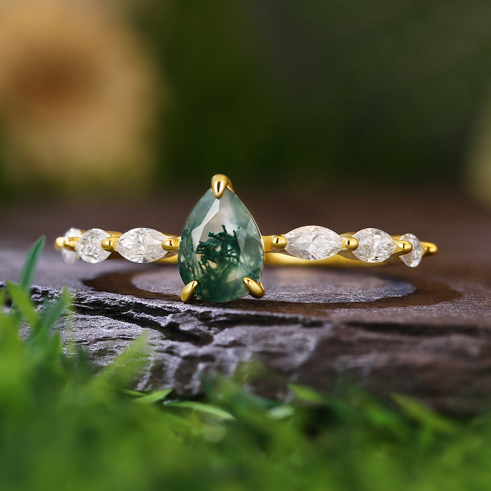 5x7mm Pear Cut Moss Agate with Marquise Accent Stones Nature-Inspired Engagement Ring