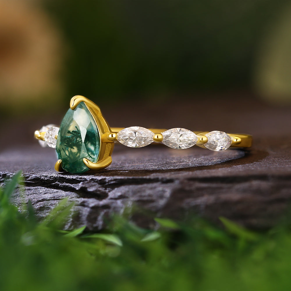 5x7mm Pear Cut Moss Agate with Marquise Accent Stones Nature-Inspired Engagement Ring