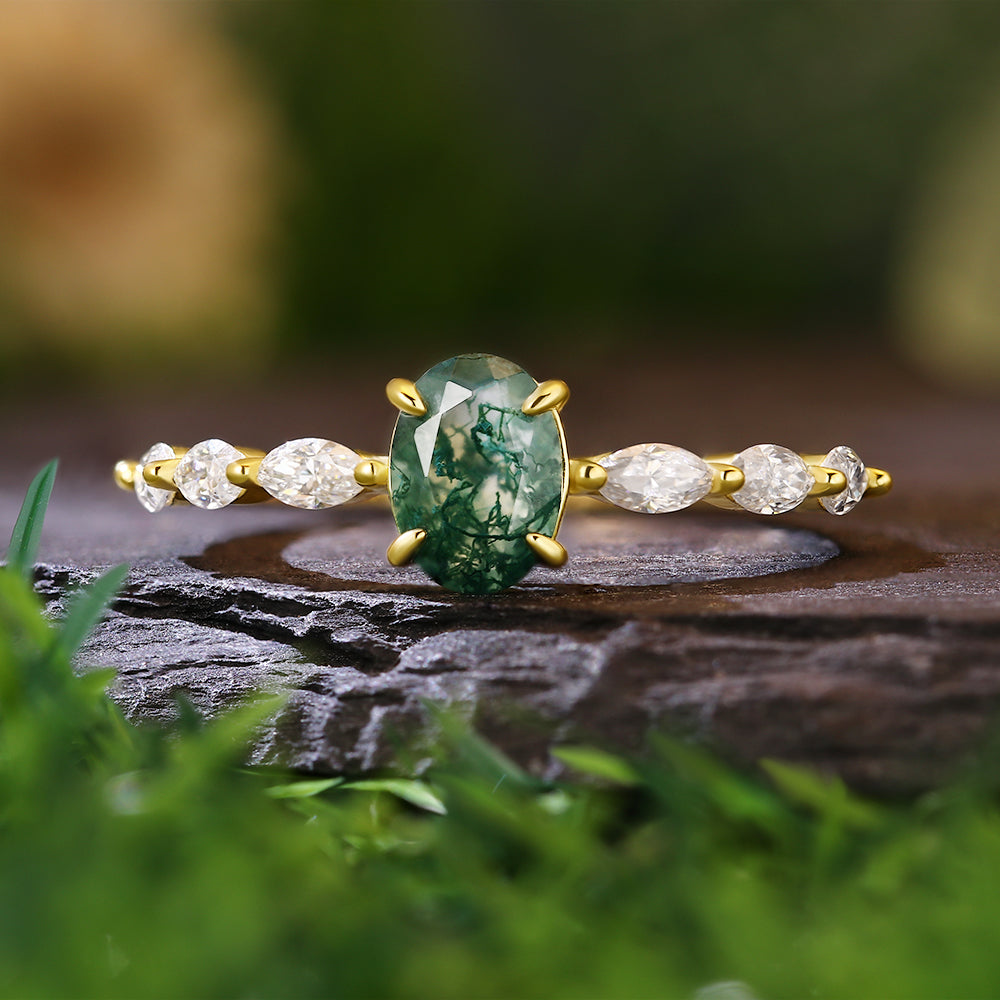 5x7mm Oval Cut Moss Agate with Marquise Accent Stones Nature-Inspired Engagement Ring