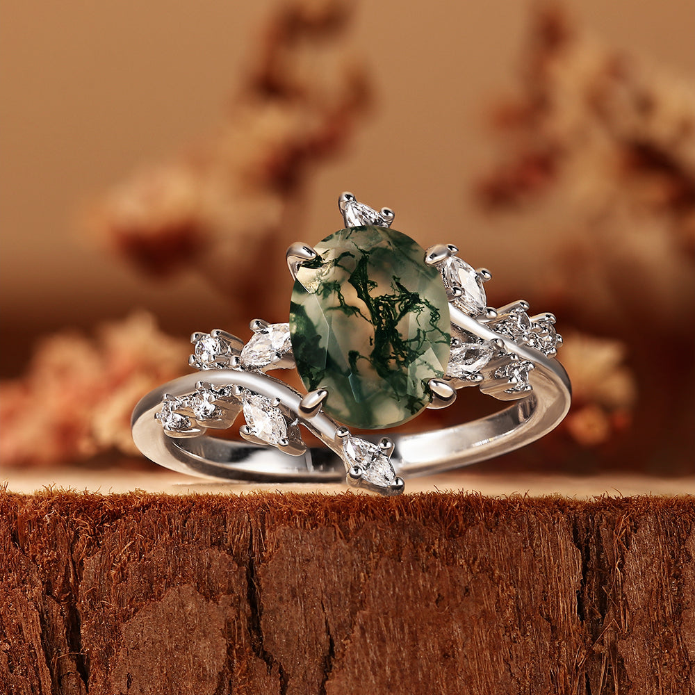 Vintage Oval Moss Agate Engagement Ring Nature Inspired Vine Cluster Ring