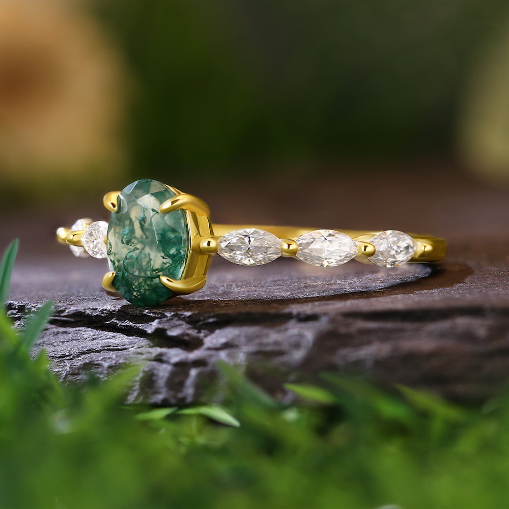 5x7mm Oval Cut Moss Agate with Marquise Accent Stones Nature-Inspired Engagement Ring