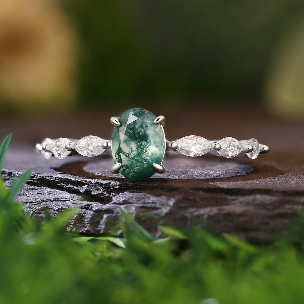5x7mm Oval Cut Moss Agate with Marquise Accent Stones Nature-Inspired Engagement Ring