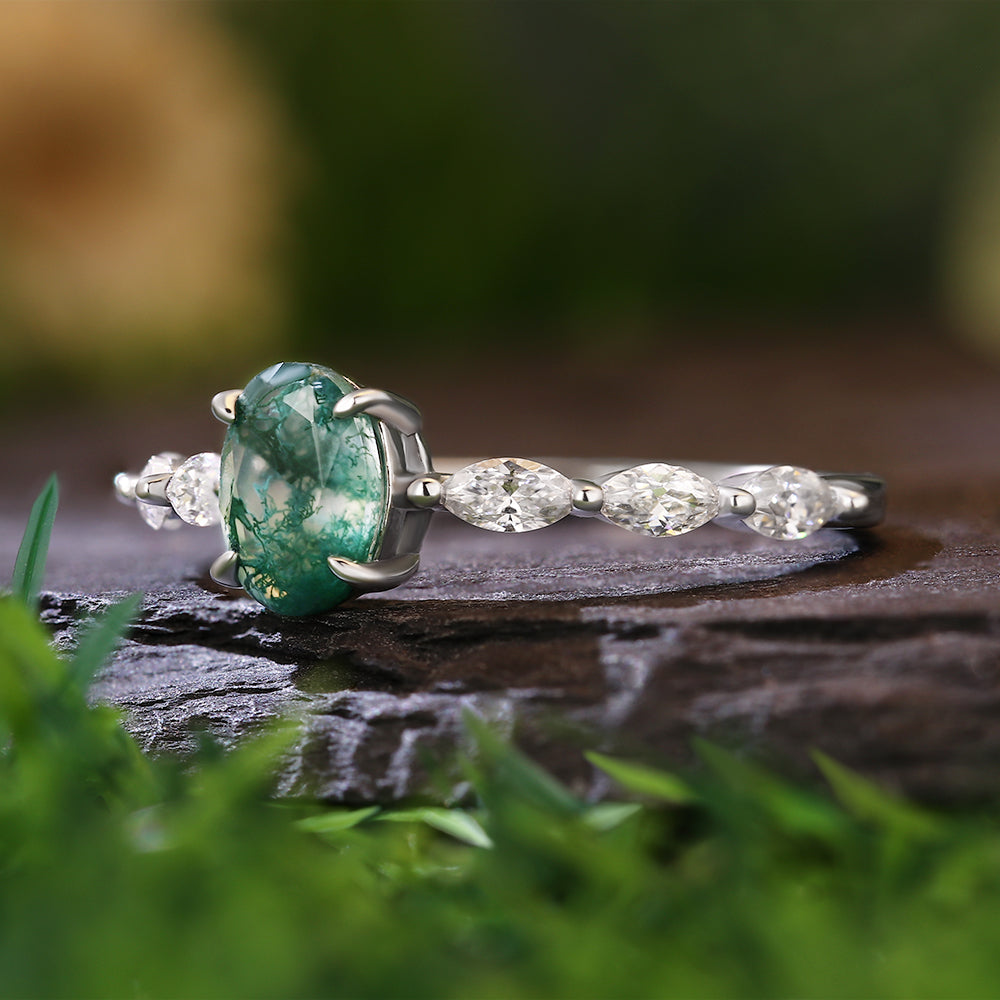 5x7mm Oval Cut Moss Agate with Marquise Accent Stones Nature-Inspired Engagement Ring