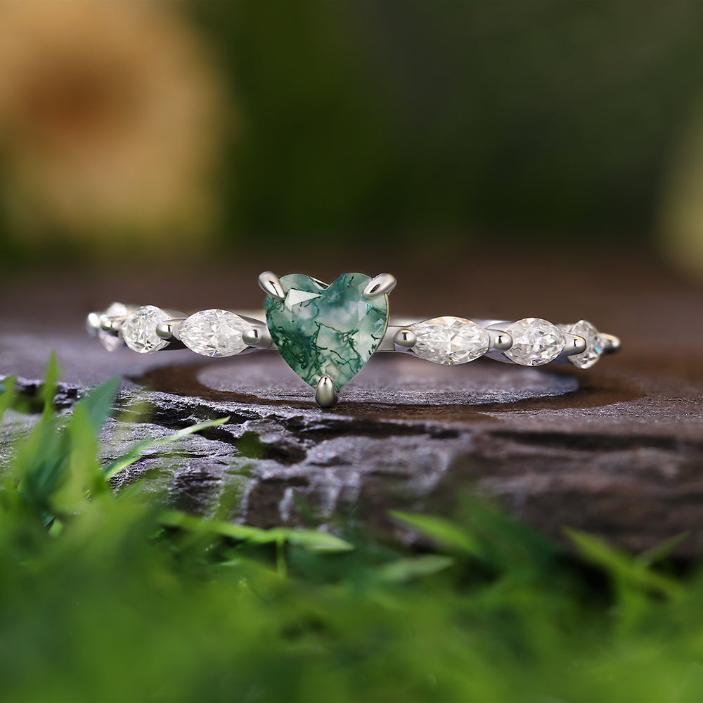 5x5mm Heart Cut Moss Agate with Marquise Accent Romantic Nature-Inspired  Engagement Ring