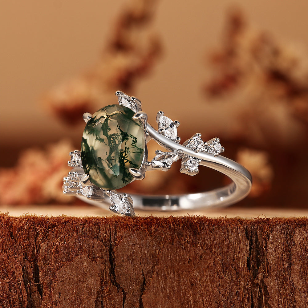 Vintage Oval Moss Agate Engagement Ring Nature Inspired Vine Cluster Ring