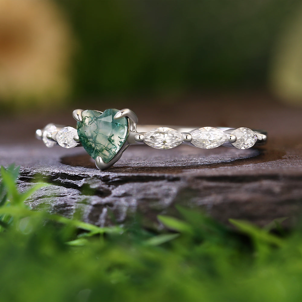 5x5mm Heart Cut Moss Agate with Marquise Accent Romantic Nature-Inspired  Engagement Ring