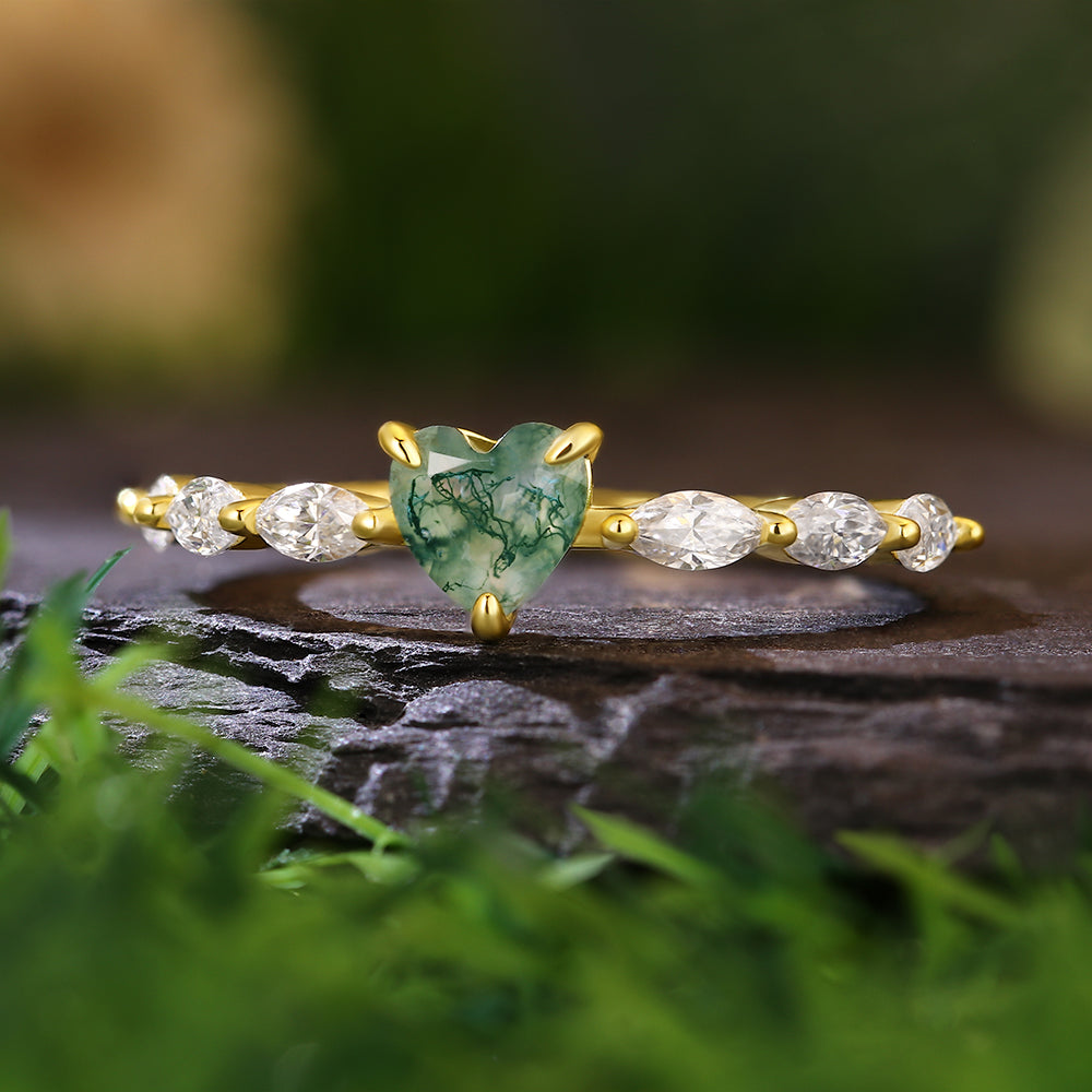 5x5mm Heart Cut Moss Agate with Marquise Accent Romantic Nature-Inspired  Engagement Ring