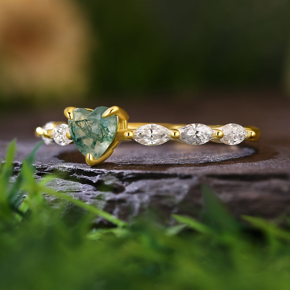 5x5mm Heart Cut Moss Agate with Marquise Accent Romantic Nature-Inspired  Engagement Ring