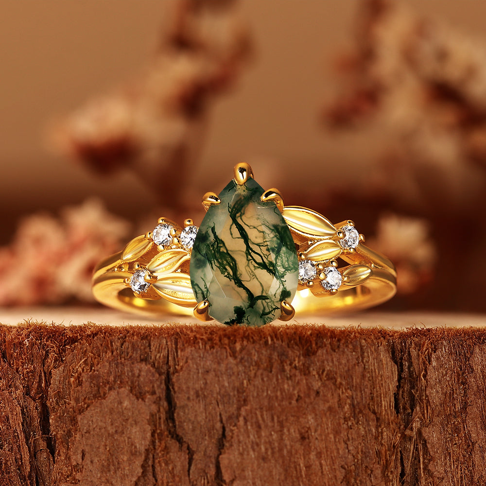Unique Pear Shaped Moss Agate Nature Inspired Leaf Cluster Engagement Ring