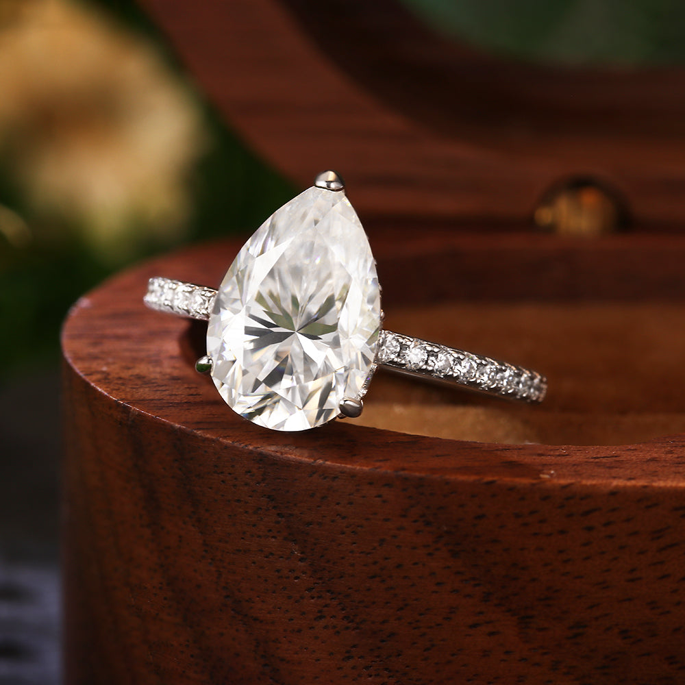 2.51 Ct Pear Cut Hidden Halo Engagement Ring with Pave Band