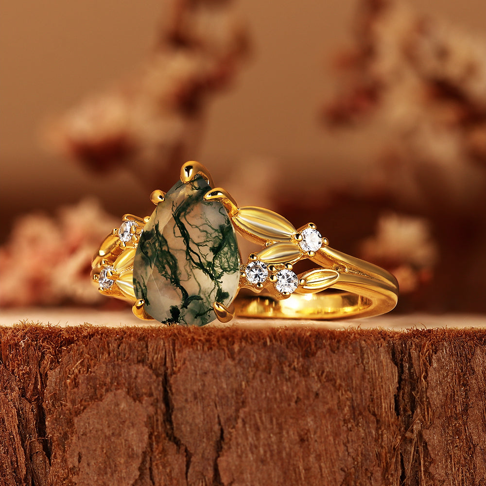 Unique Pear Shaped Moss Agate Nature Inspired Leaf Cluster Engagement Ring