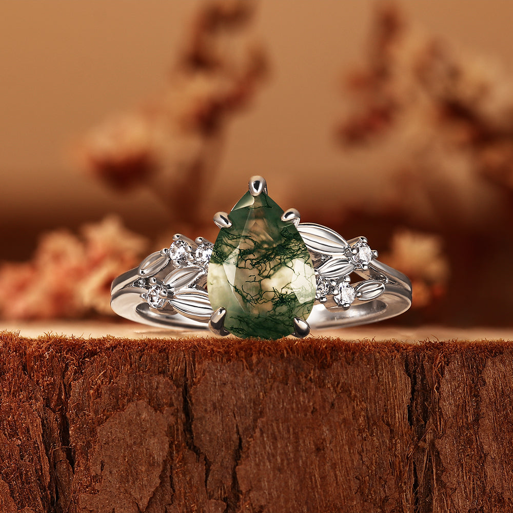 Unique Pear Shaped Moss Agate Nature Inspired Leaf Cluster Engagement Ring
