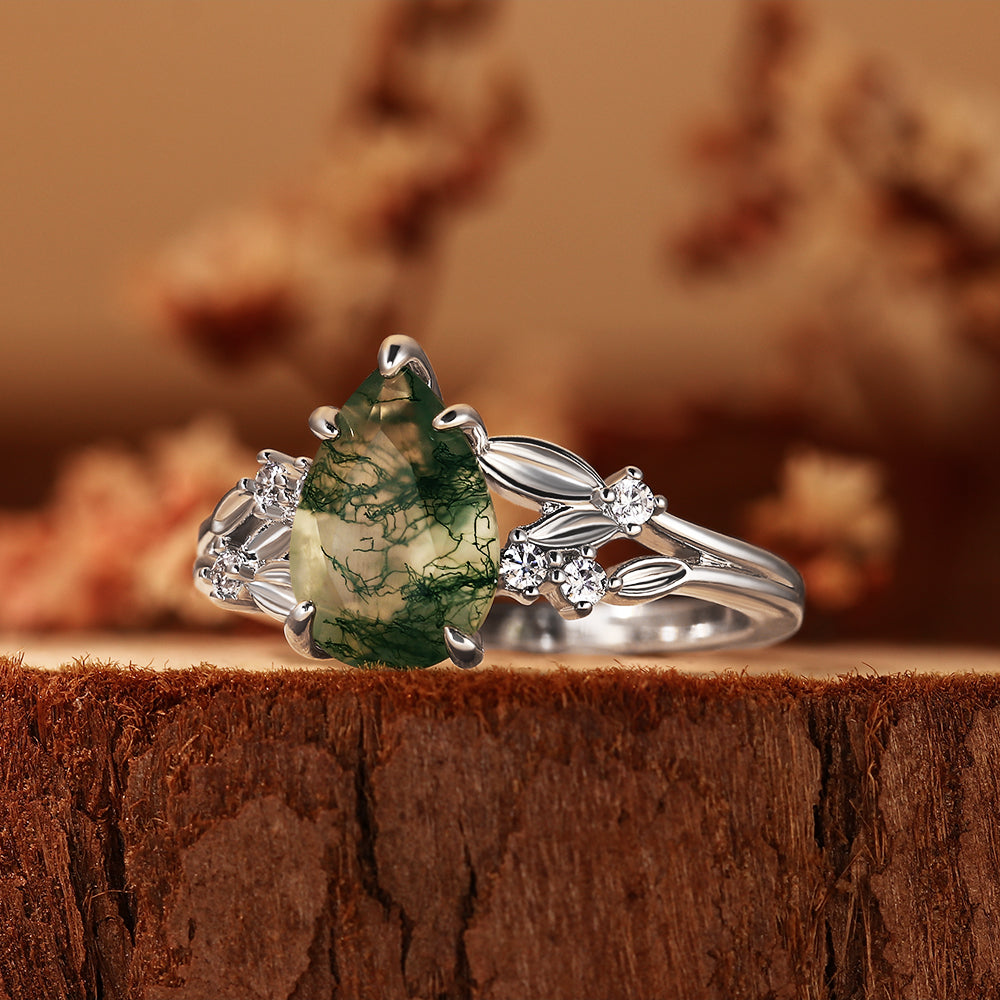 Unique Pear Shaped Moss Agate Nature Inspired Leaf Cluster Engagement Ring