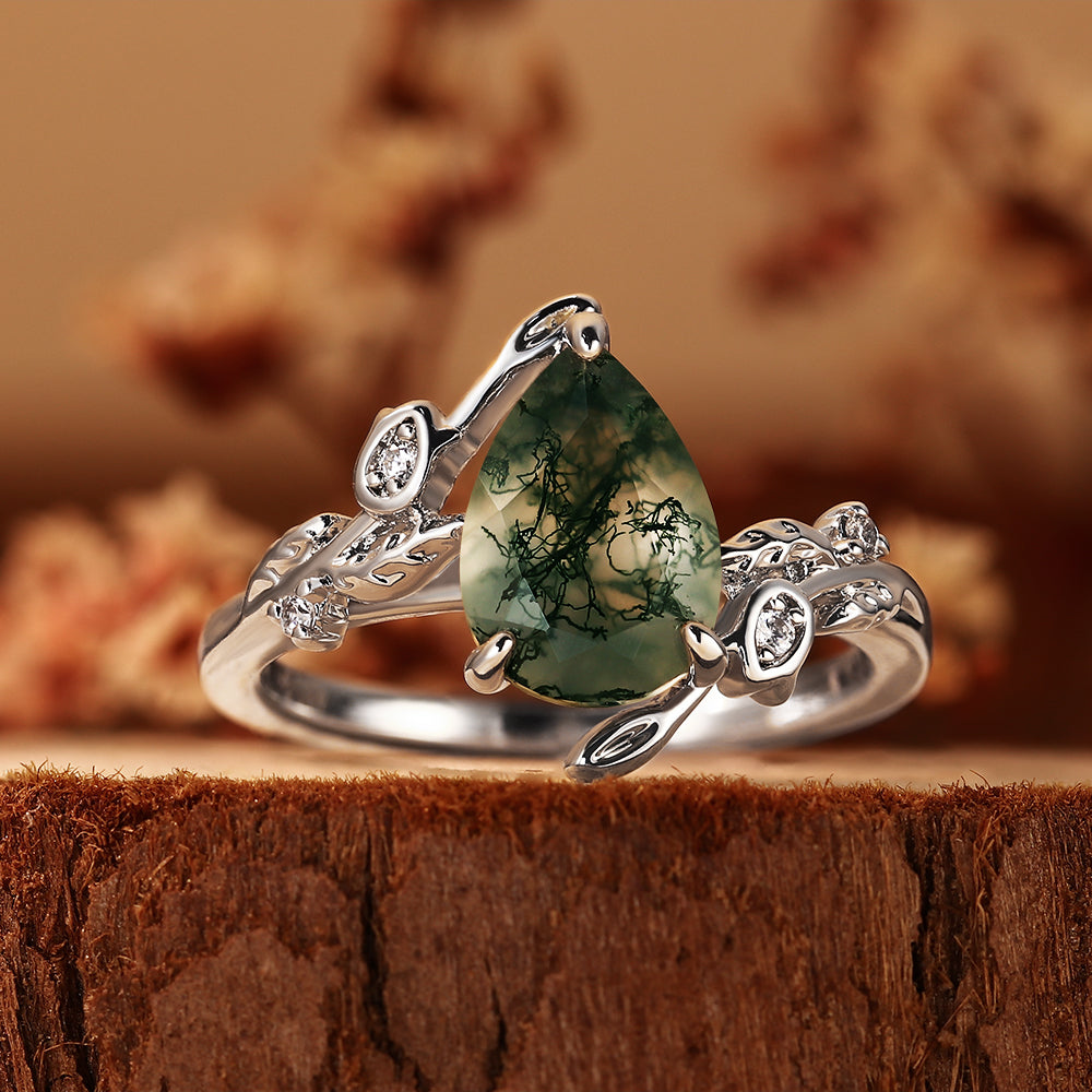 Nature Inspired Pear Cut Moss Agate Unique Forest Style Engagement Ring with Leaf Vine Details