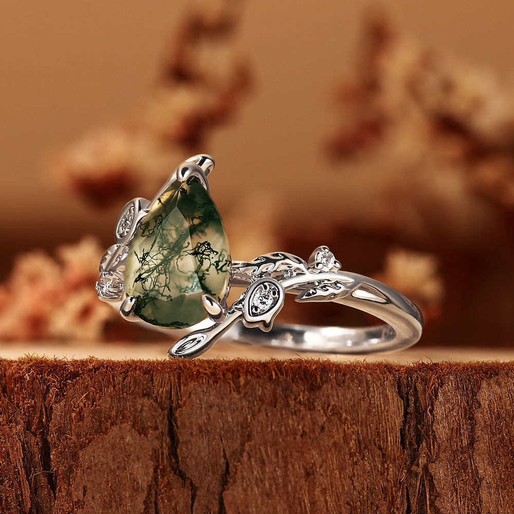 Nature Inspired Pear Cut Moss Agate Unique Forest Style Engagement Ring with Leaf Vine Details