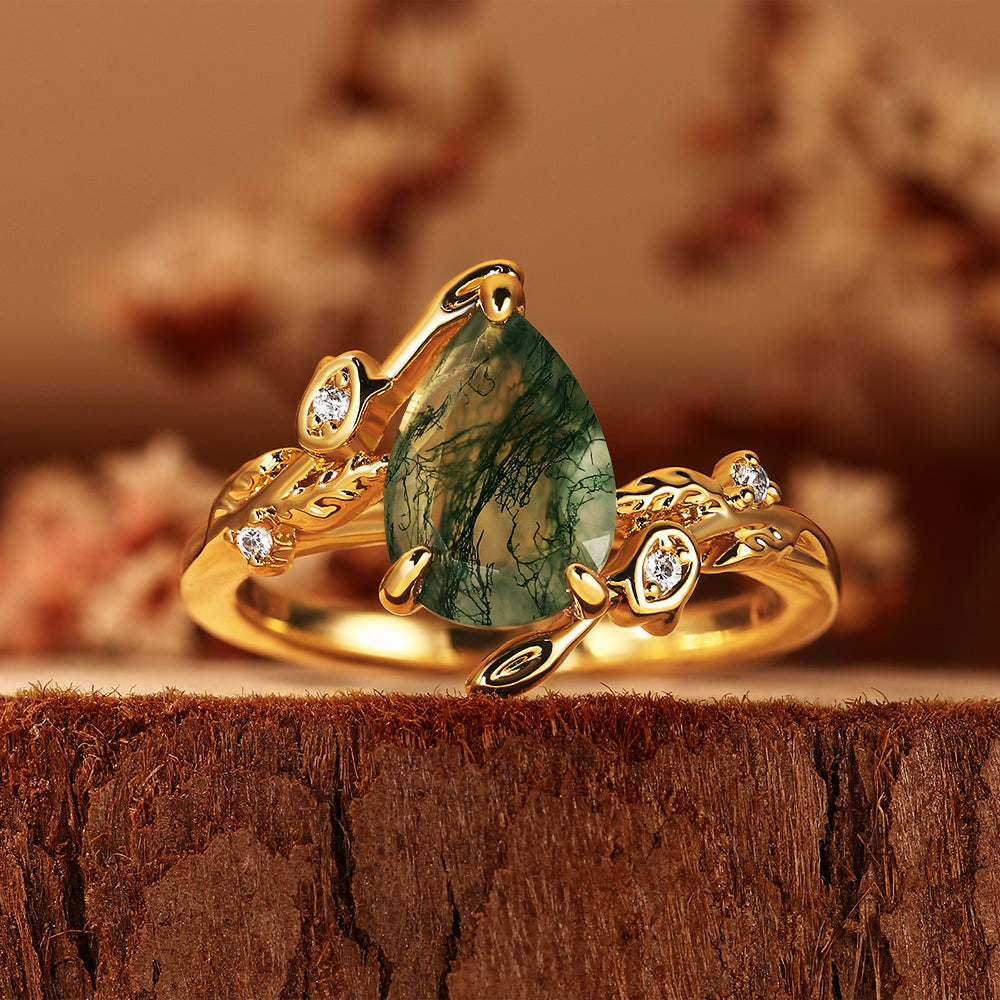 Nature Inspired Pear Cut Moss Agate Unique Forest Style Engagement Ring with Leaf Vine Details