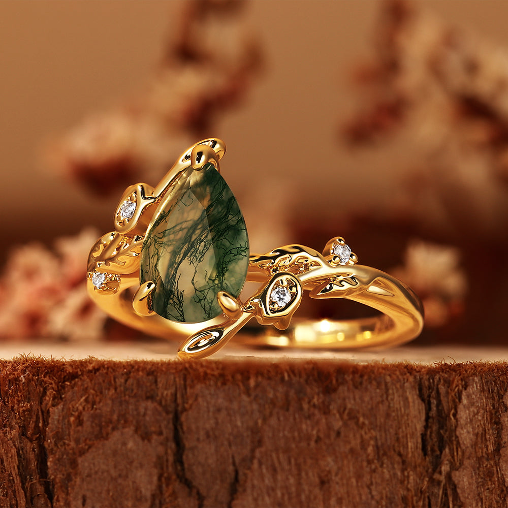Nature Inspired Pear Cut Moss Agate Unique Forest Style Engagement Ring with Leaf Vine Details