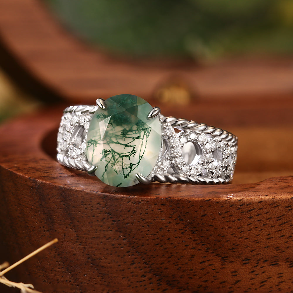 8x10mm Oval Cut Moss Agate Art Deco Nature-Inspired Engagement Ring