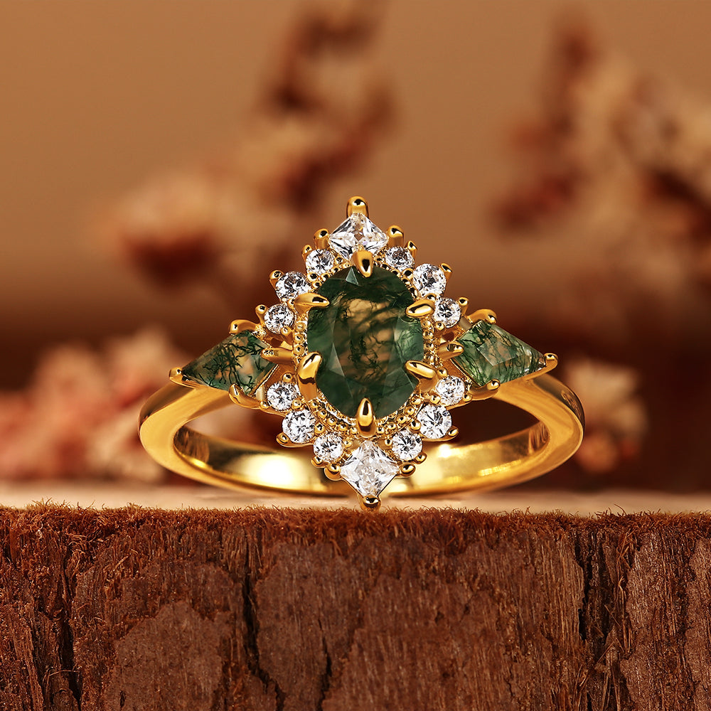 Nature Inspired Vintage Oval Cut Moss Agate Unique Cluster Engagement Ring