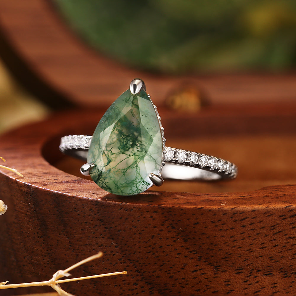 8x12mm Pear Cut Moss Agate Hidden Halo Nature-Inspired Engagement Ring with Pave Band