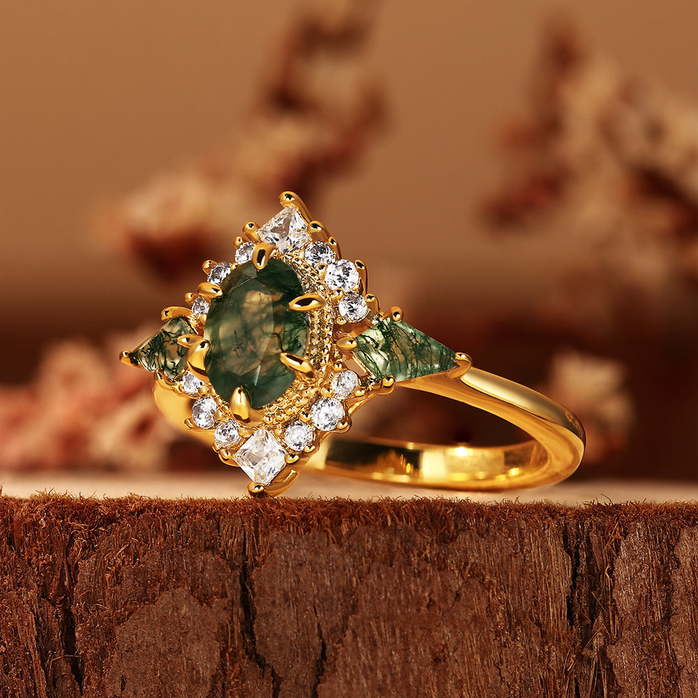 Nature Inspired Vintage Oval Cut Moss Agate Unique Cluster Engagement Ring
