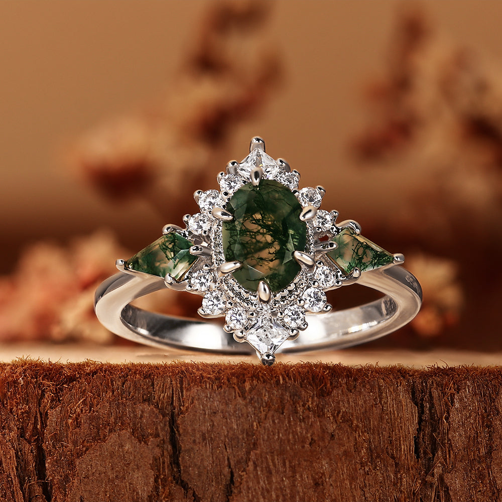 Nature Inspired Vintage Oval Cut Moss Agate Unique Cluster Engagement Ring