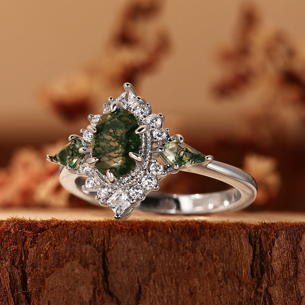 Nature Inspired Vintage Oval Cut Moss Agate Unique Cluster Engagement Ring