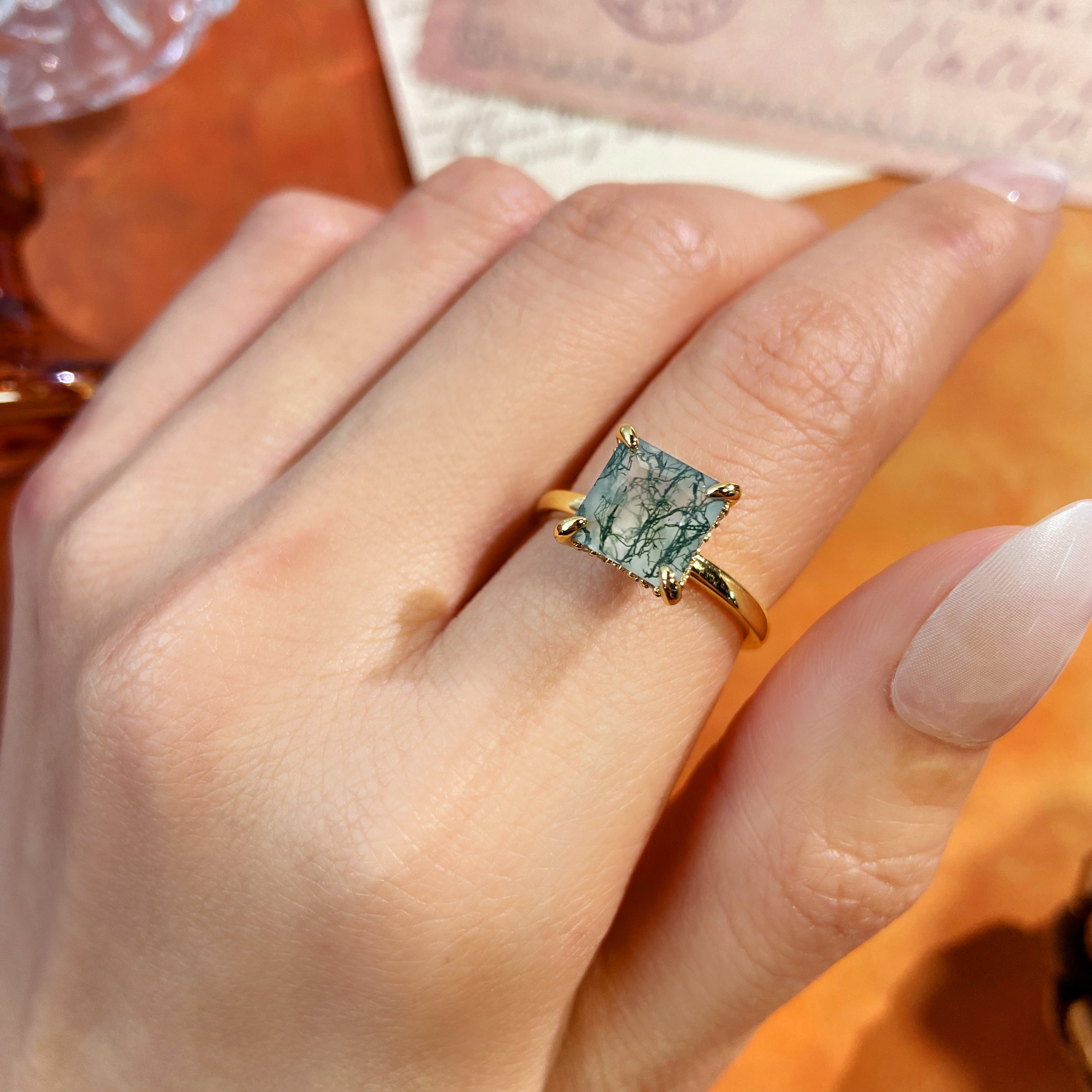 Nature Inspired 8x8mm Princess Cut Moss Agate Hidden Halo Engagement Ring