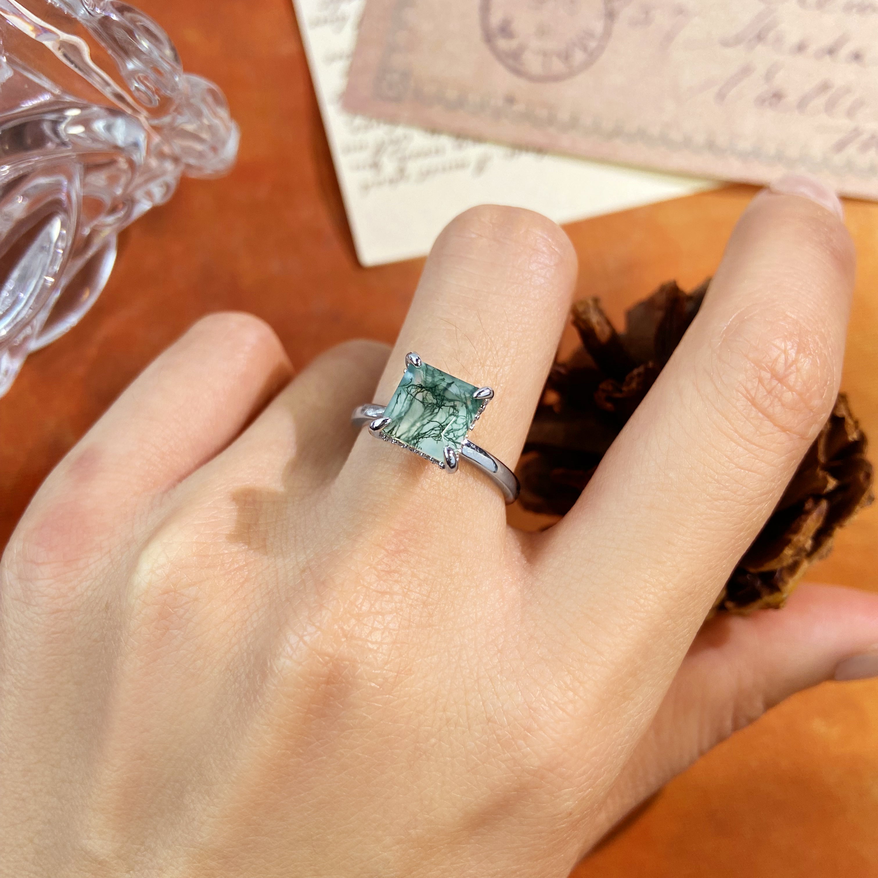 Nature Inspired 8x8mm Princess Cut Moss Agate Hidden Halo Engagement Ring