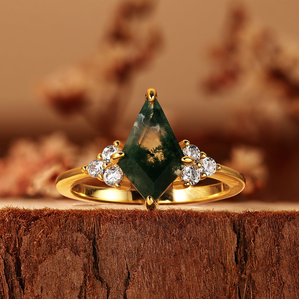 Vintage Kite Cut Moss Agate Cluster Engagement Ring