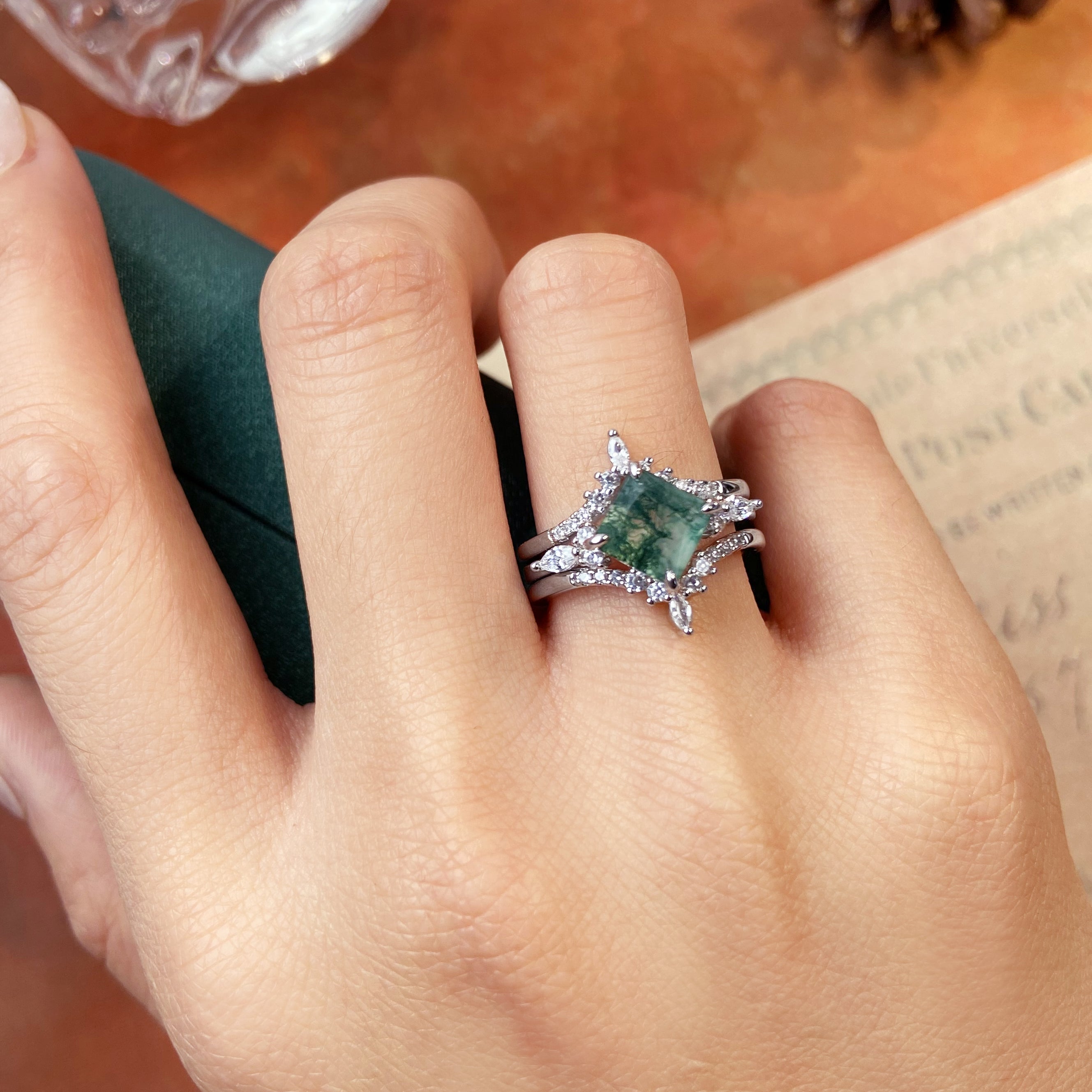 Nature Inspired 7x7mm Princess Cut Agate Engagement Ring with Art Deco Curved Moissanite Band