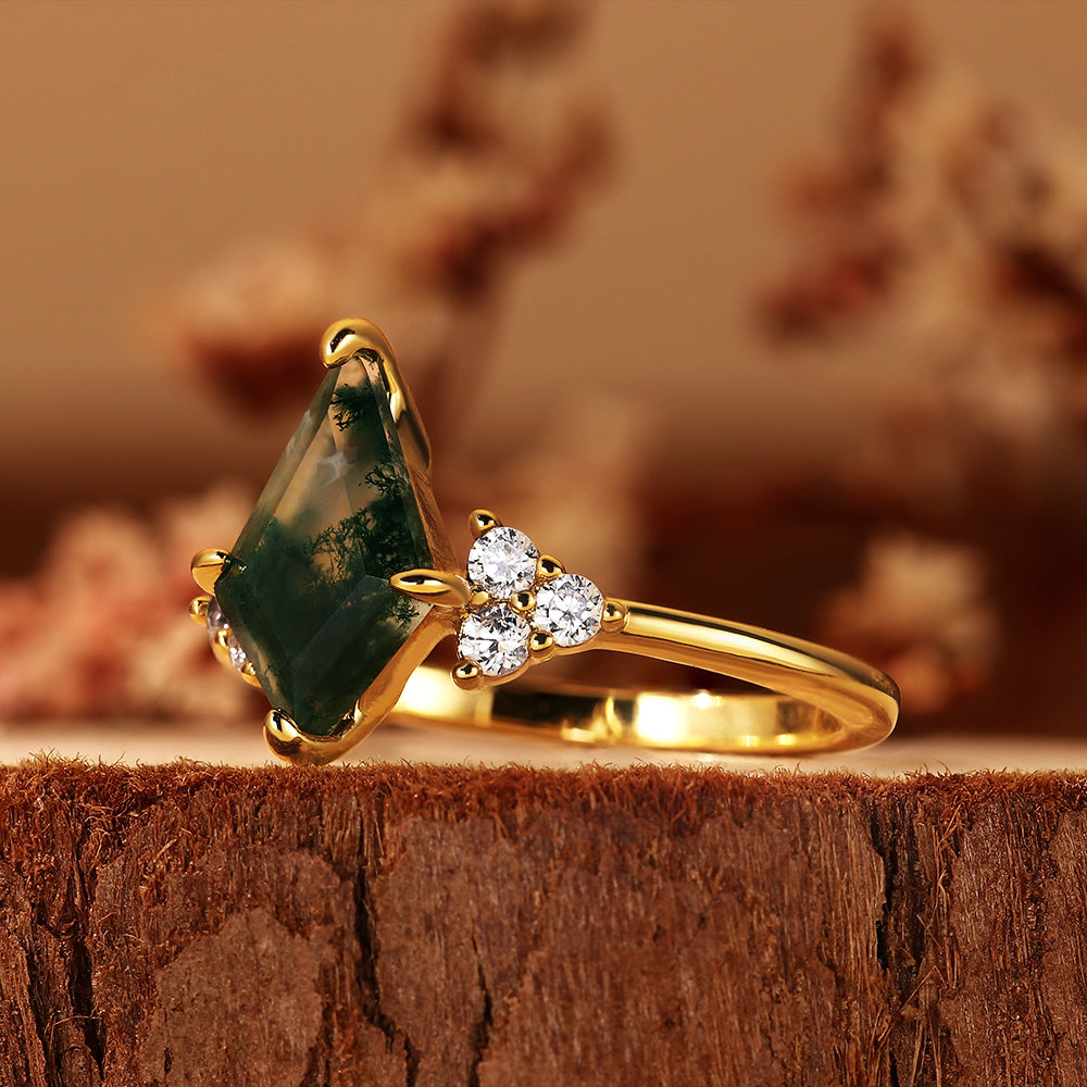 Vintage Kite Cut Moss Agate Cluster Engagement Ring