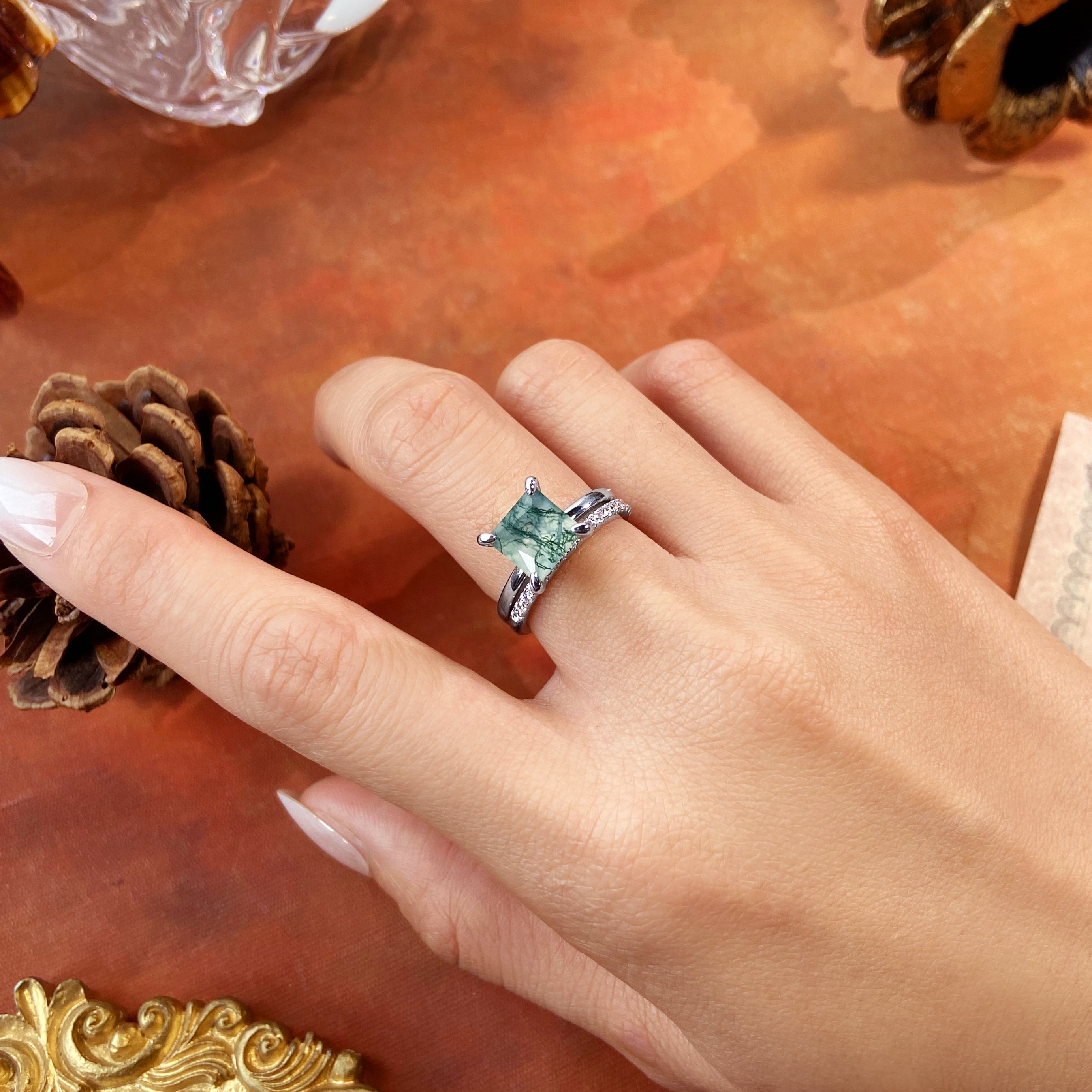 8X8mm Princess Cut Moss Agate Bridal Ring Set for Women, 2PCS Square Green Agate Engagement Ring with Moissanite Band, Nature Inspired Wedding Jewelry