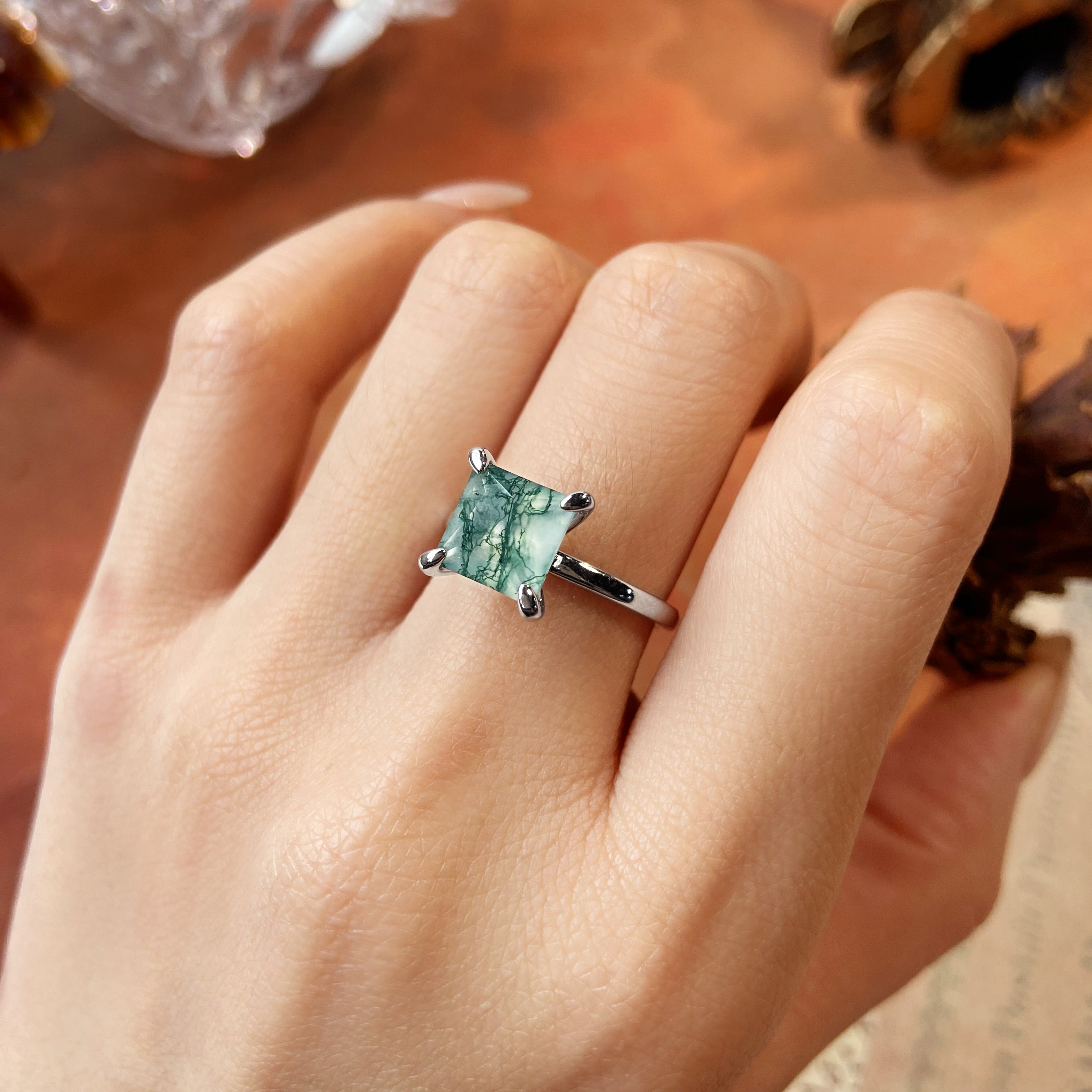 Nature Inspired 8x8mm Princess Cut Moss Agate Solitaire Engagement Ring