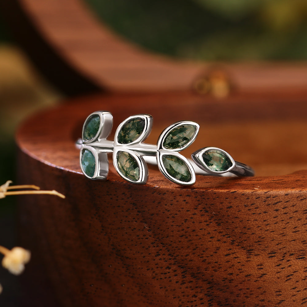 2x4mm Marquise Cut Moss Agate Leaf Vine Silver Nature Inspired Engagement Ring
