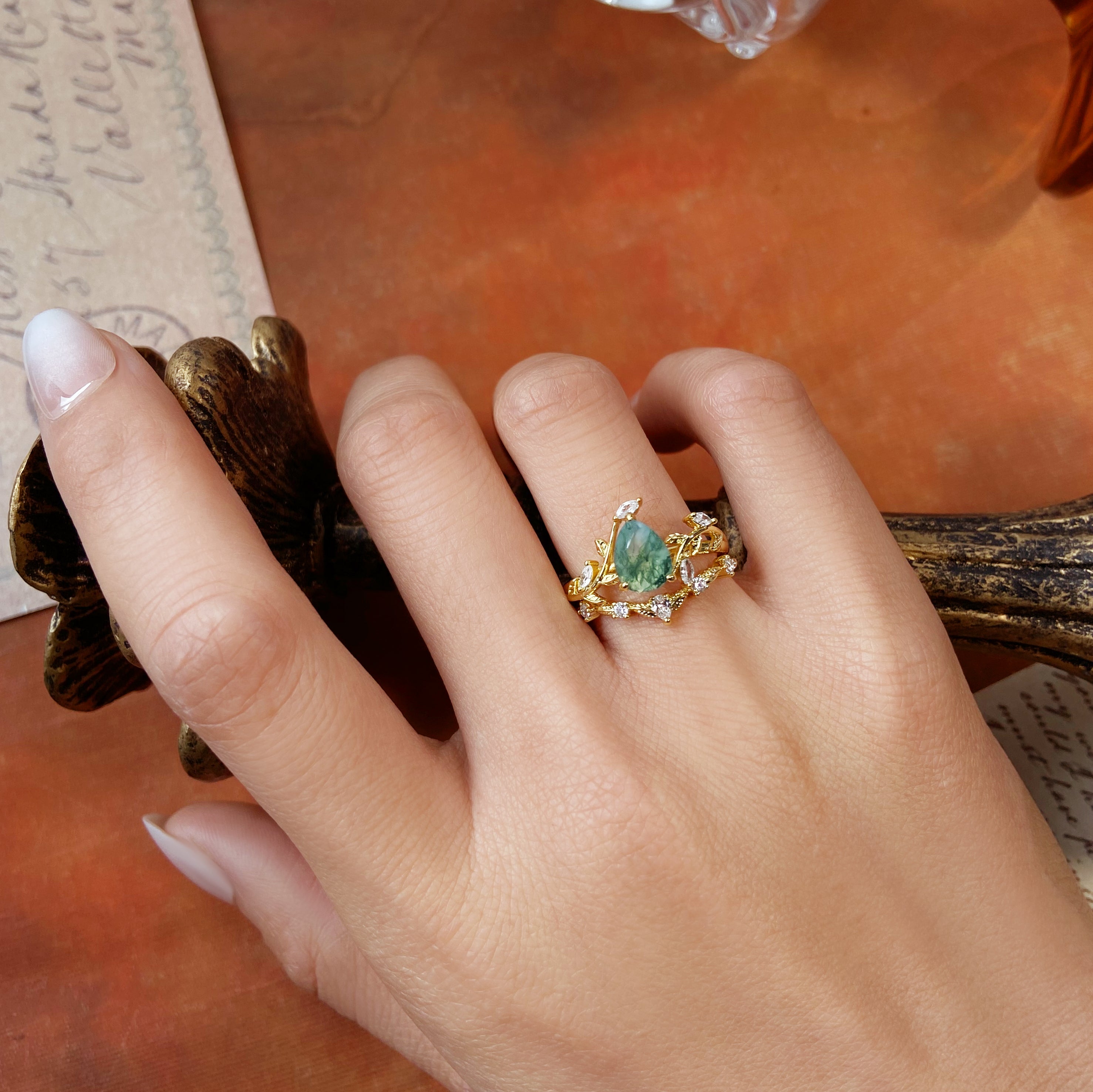 Nature Inspired Vine & Leaf 6x8mm Pear Cut Moss Agate Bridal Ring Set