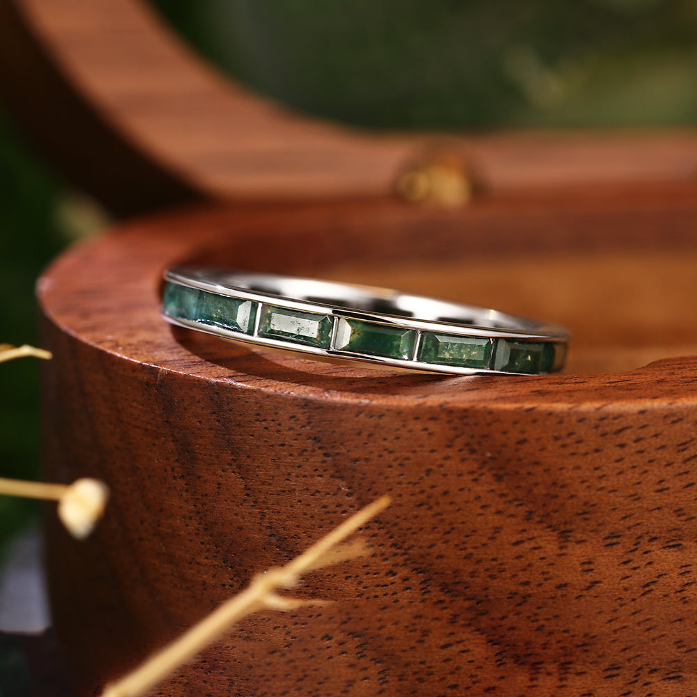2x4mm Baguette Cut Moss Agate Eternity Band Minimalist Wedding Band