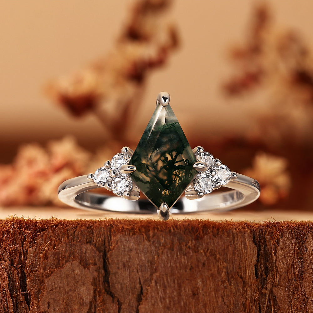 Vintage Kite Cut Moss Agate Cluster Engagement Ring