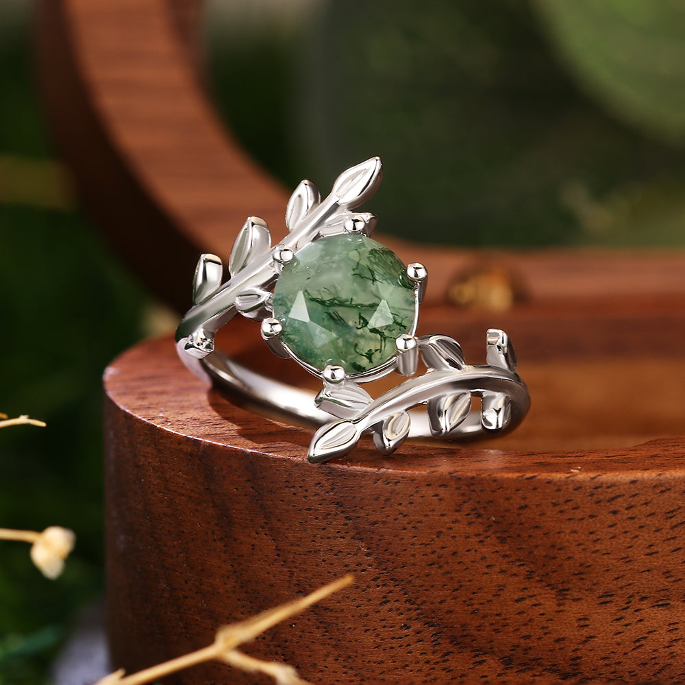 8mm Round Cut Moss Agate Leaf Vine Sterling Silver Nature-Inspired Engagement Ring