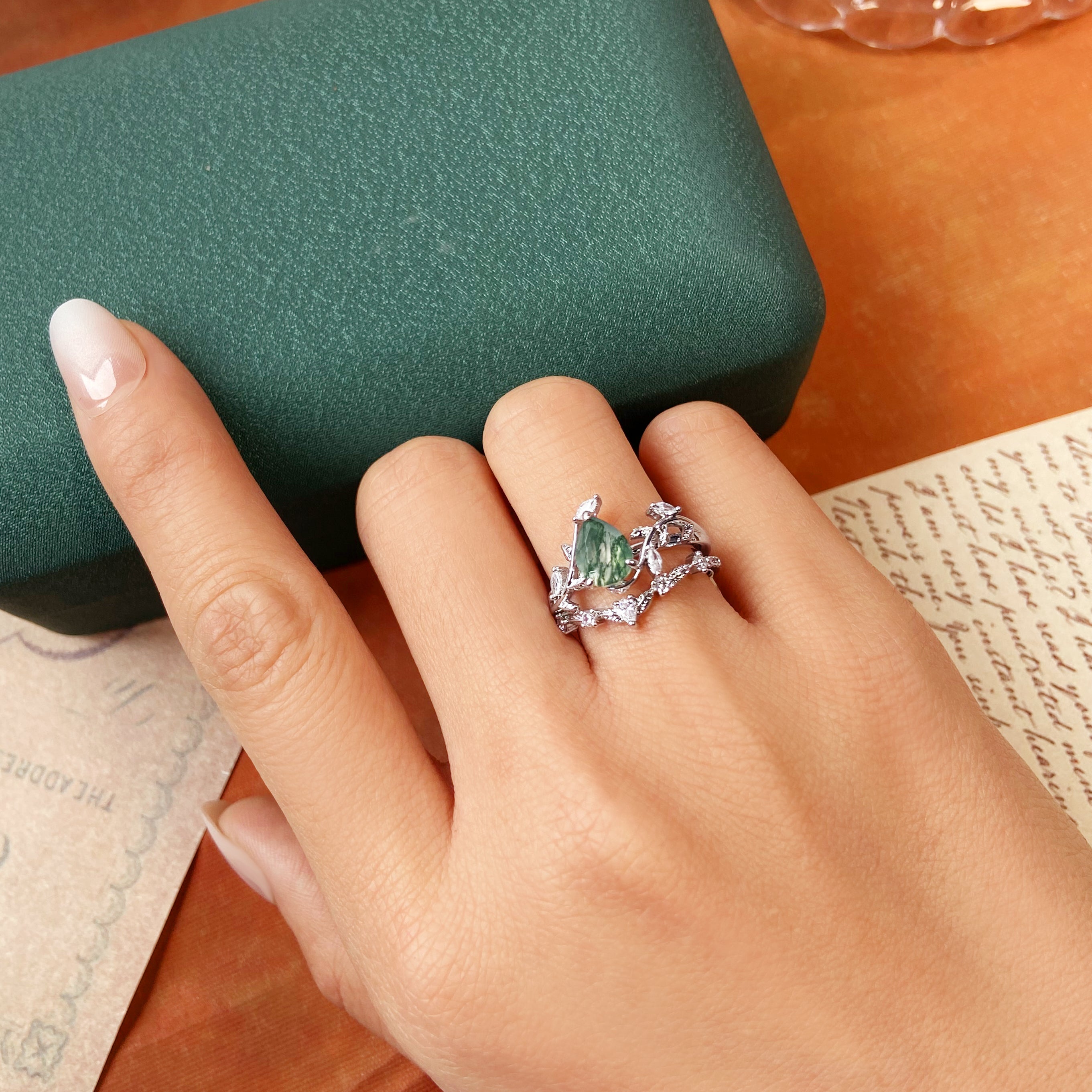 Nature Inspired Vine & Leaf 6x8mm Pear Cut Moss Agate Bridal Ring Set