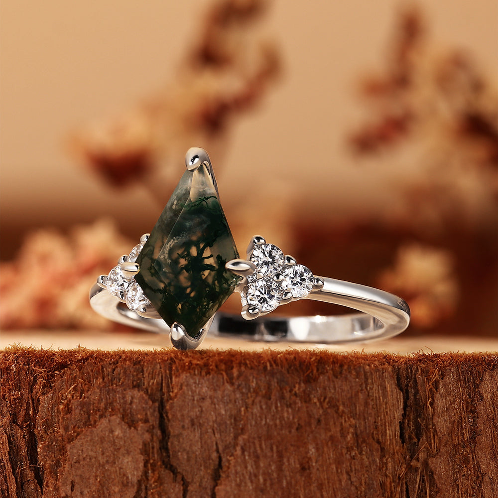 Vintage Kite Cut Moss Agate Cluster Engagement Ring