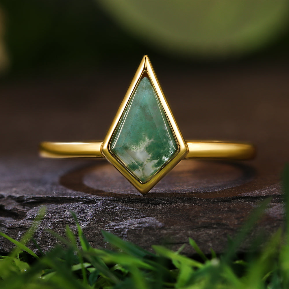 6x9mm Kite Cut Moss Agate Geometric Minimalist Engagement Ring