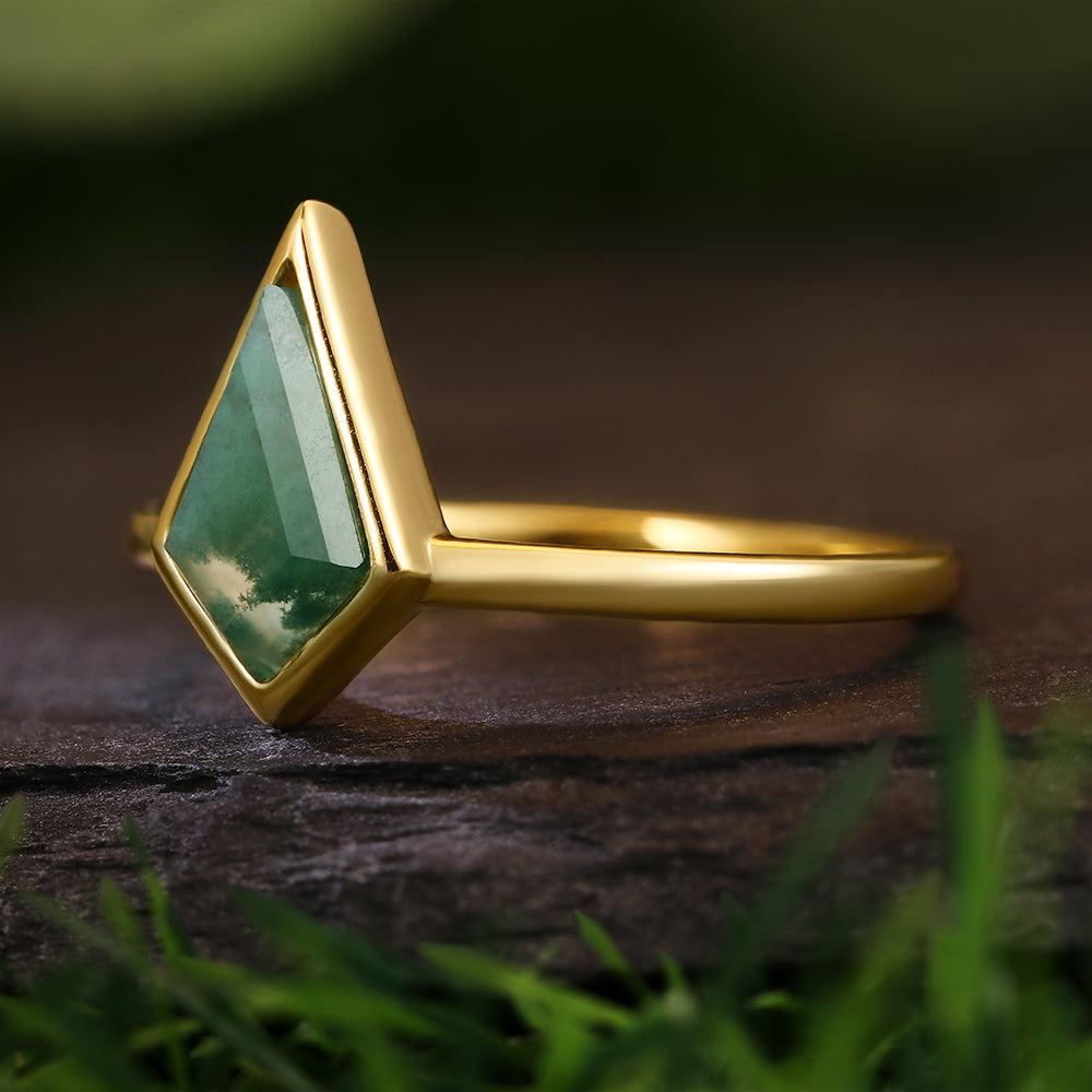 6x9mm Kite Cut Moss Agate Geometric Minimalist Engagement Ring