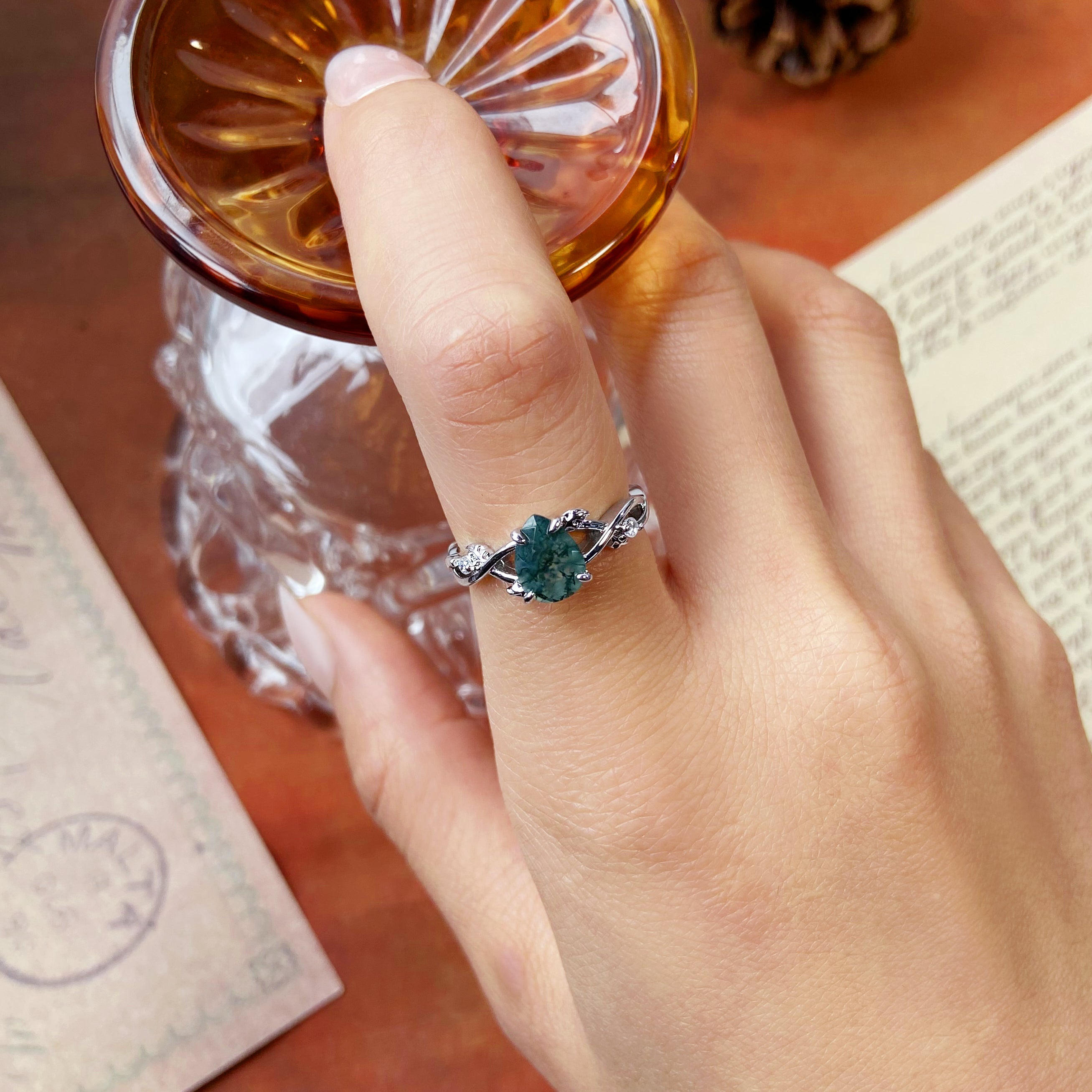 Vintage Forest 6x8mm Pear Cut Moss Agate Leaf Vine Engagement Ring