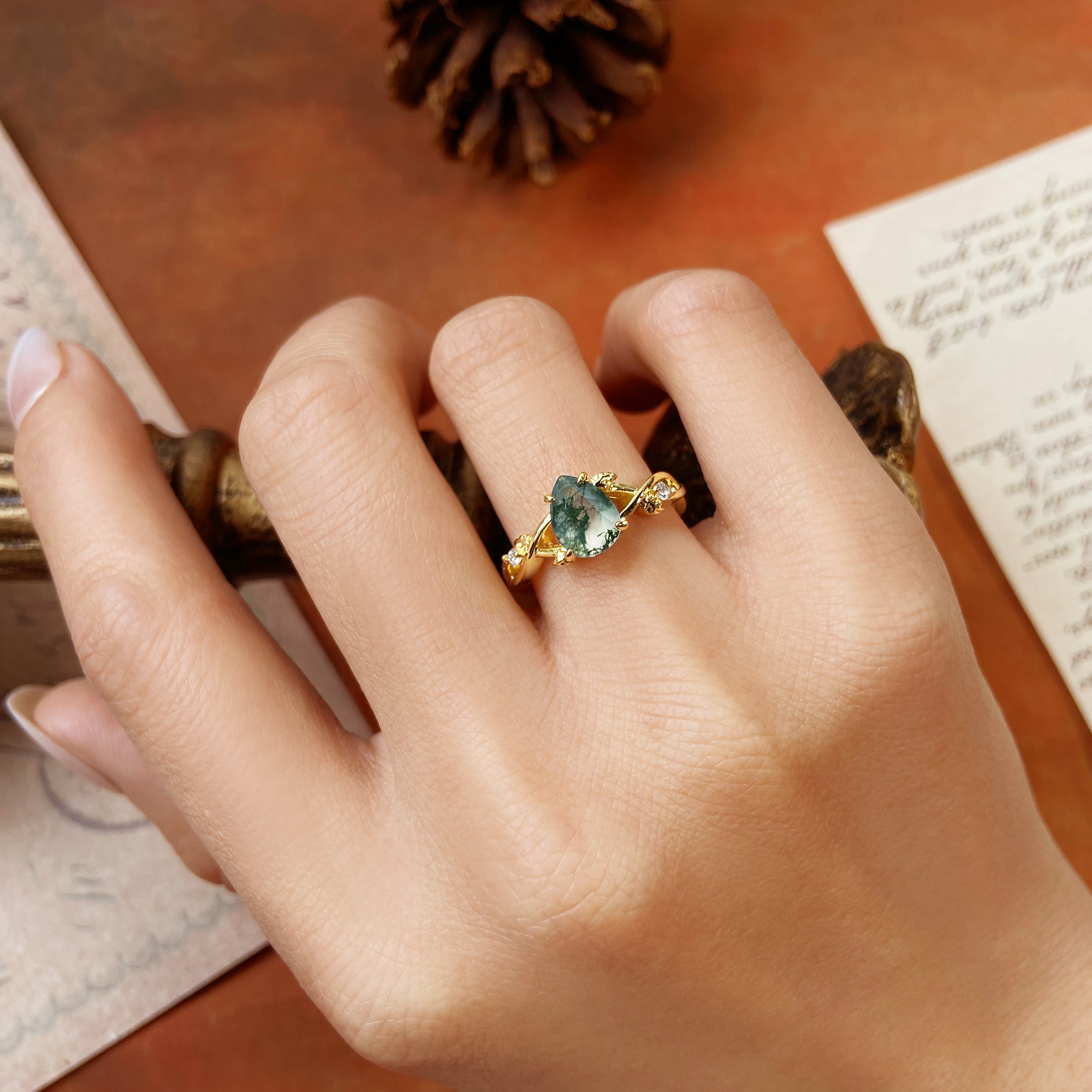 Vintage Forest 6x8mm Pear Cut Moss Agate Leaf Vine Engagement Ring