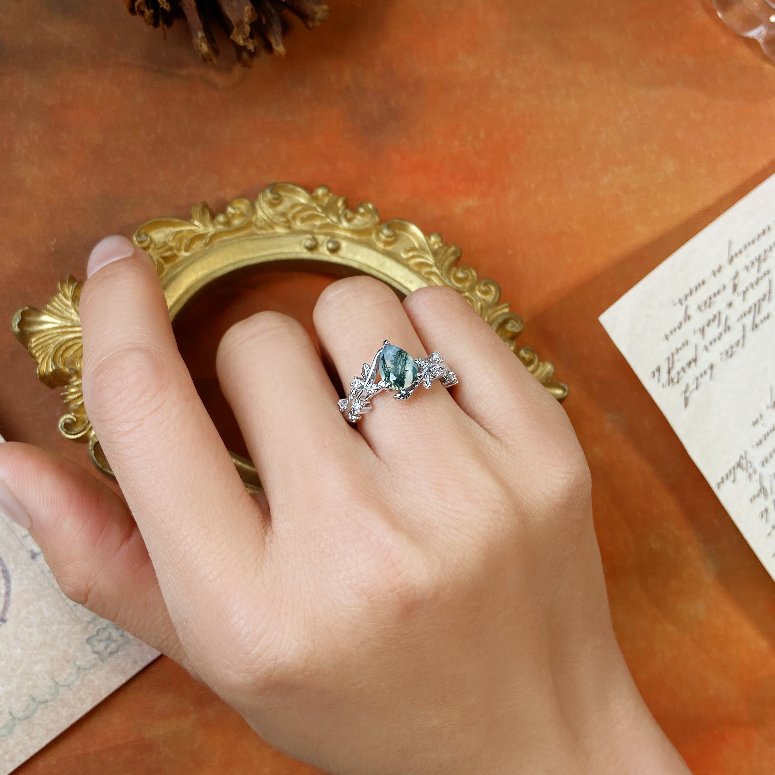 Nature Inspired Unique Forest Leaf 6x8mm Pear Cut Moss Agate Engagement Ring