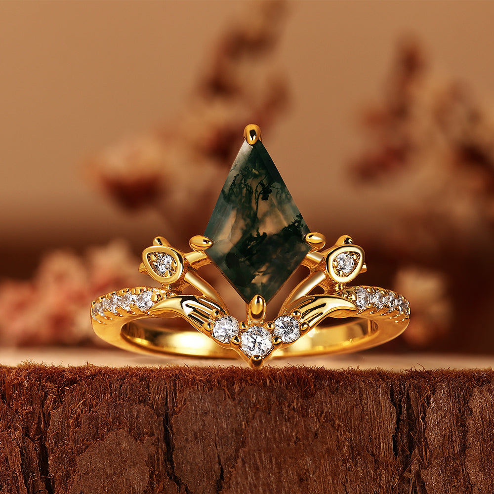 Elven Inspired Unique Kite Cut Moss Agate Engagement Ring