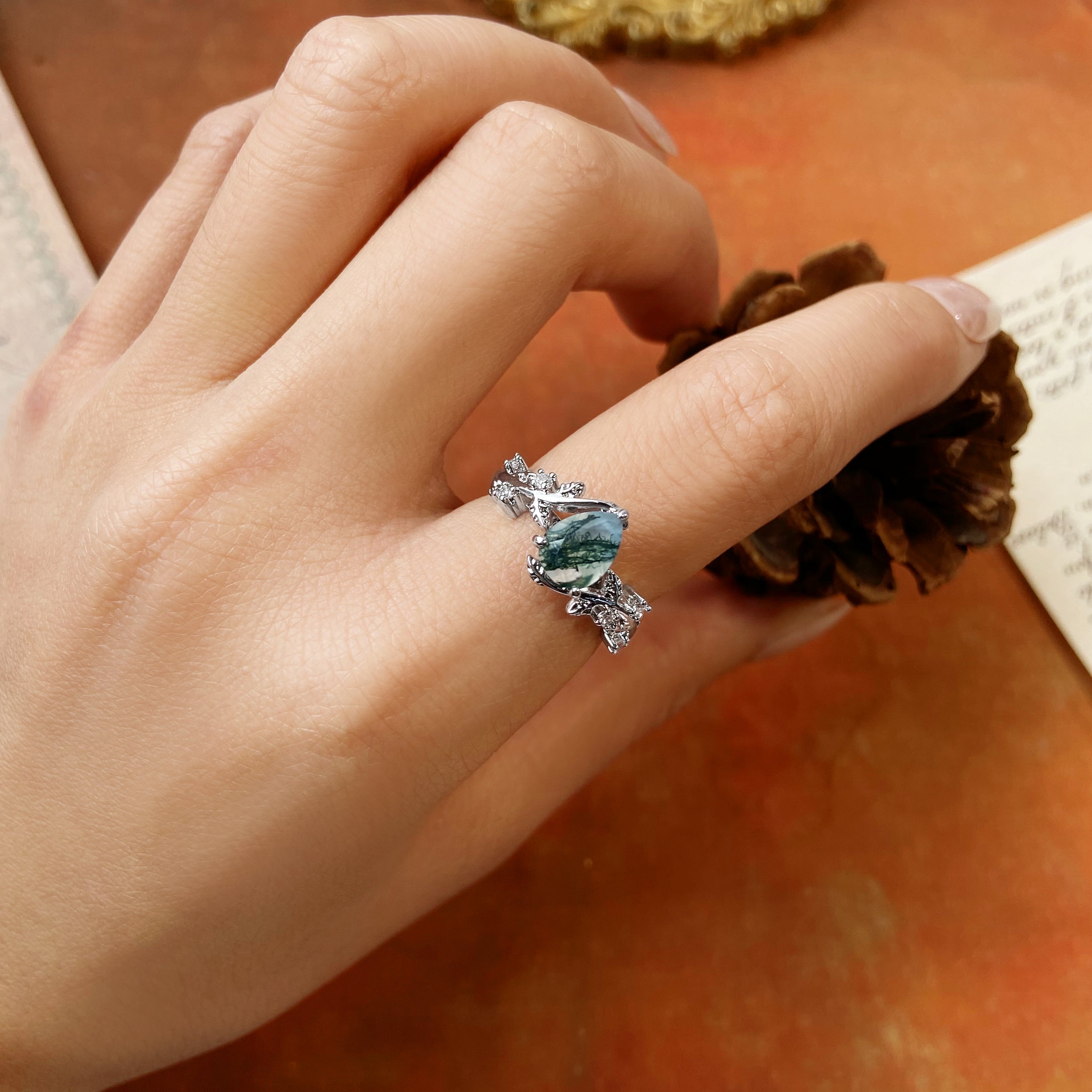 Nature Inspired Unique Forest Leaf 6x8mm Pear Cut Moss Agate Engagement Ring