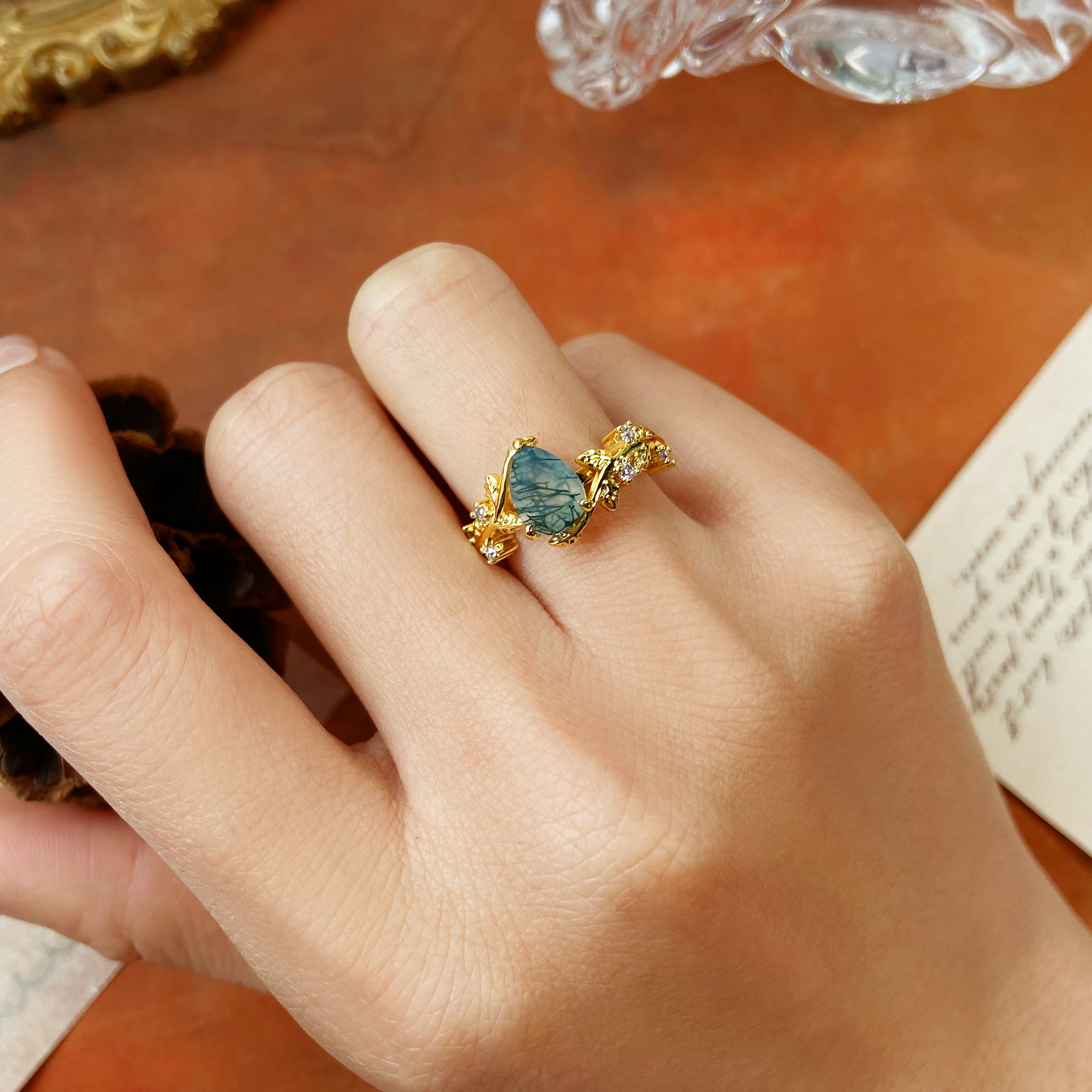 Nature Inspired Unique Forest Leaf 6x8mm Pear Cut Moss Agate Engagement Ring