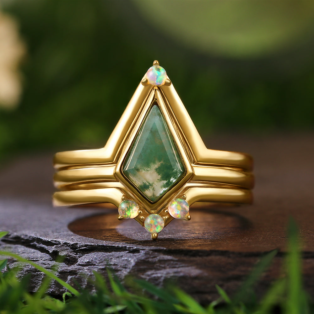 6x9mm Kite Cut Moss Agate with Opal Accents Geometric Triangle Stackable Bridal Ring